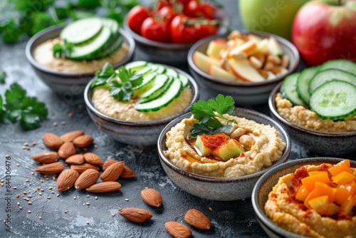 A detailed photo of nutrient-dense snacks like hummus with cucumber slices, apple wedges, and almonds. Emphasize the variety and vibrant colors of these healthy, balanced snacks photo
