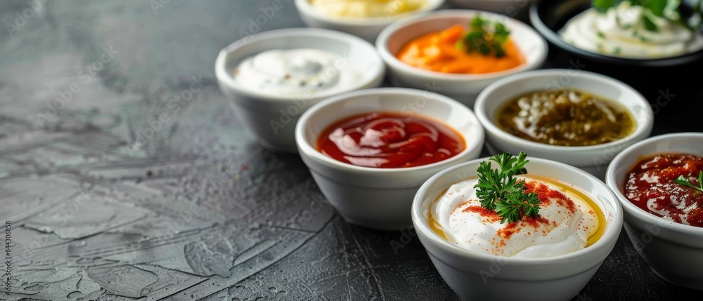 Richly Textured Stoneware with Savory Sauces and Dips - Culinary Delights on Dark Background for Marketing Design Needs Richly Textured Stoneware with Savory Sauces and Dips - Culinary Delights on Dark Background for Marketing Design Needs