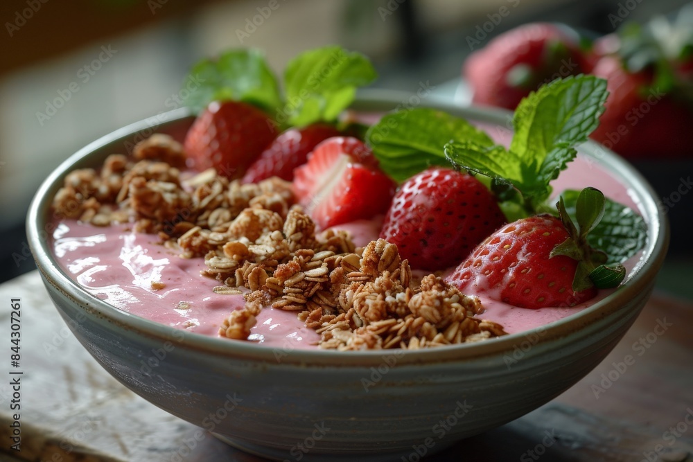 A fresh photo of a dairy-free smoothie bowl with coconut yogurt, fresh strawberries, and granola. Highlight the clean, vibrant presentation and the health benefits of dairy-free options A fresh photo of a dairy-free smoothie bowl with coconut yogurt, fresh strawberries, and granola. Highlight the clean, vibrant presentation and the health benefits of dairy-free options