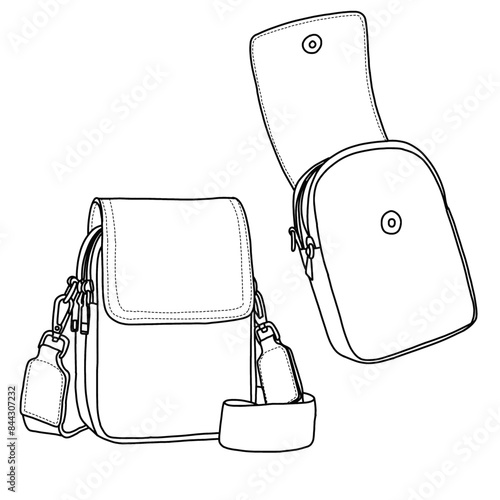 Small Crossbody Bags for Women Trendy Leather Phone Wallet Purses Handbags Adjustable Guitar Strap  Line art, outline vector doodle illustration front and side view, isolated on white background