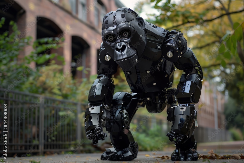 Realistic robotic gorilla standing menacingly on an urban street with city architecture in the background Realistic robotic gorilla standing menacingly on an urban street with city architecture in the background