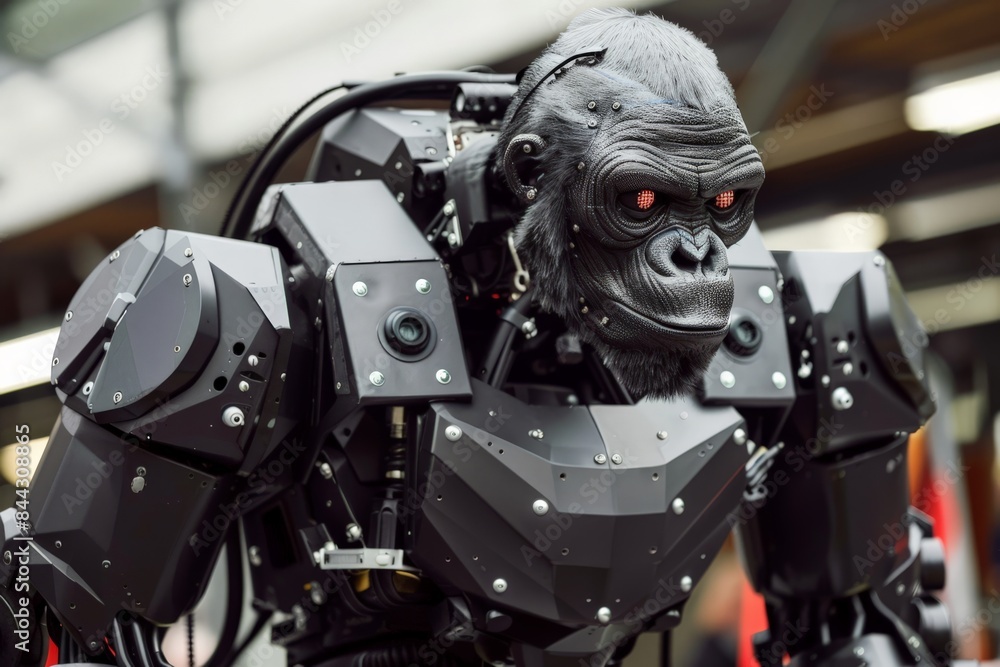 Frontal view showcasing the detailed face of a robotic gorilla with red eyes Frontal view showcasing the detailed face of a robotic gorilla with red eyes