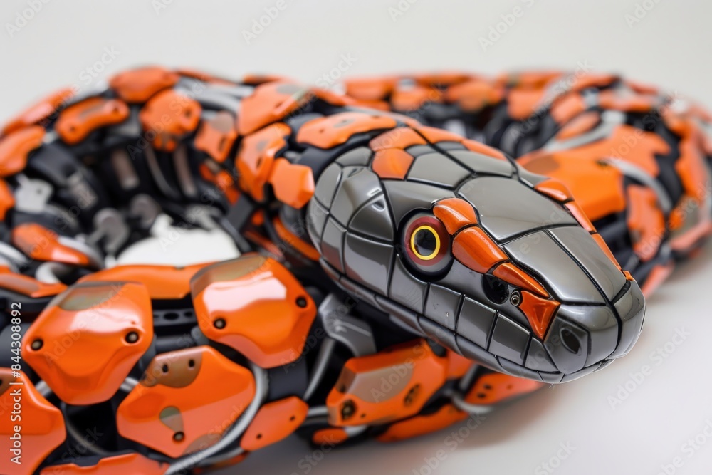 The photo captures a vibrant orange and black robotic snake with an aggressive design and sharp, contrasting colors The photo captures a vibrant orange and black robotic snake with an aggressive design and sharp, contrasting colors