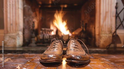 A pair of polished, well-worn shoes by a cozy fireplace symbolizes well-deserved rest after years of hard work.
