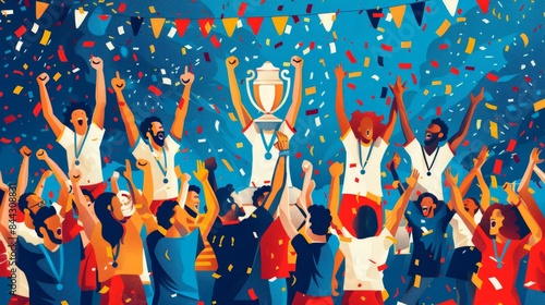 Simplified illustration of Euro 2024 victory dances and trophy presentations, emphasizing joyous celebrations and iconic moments in a clean style. Focus on the elation of winning and the ceremonial