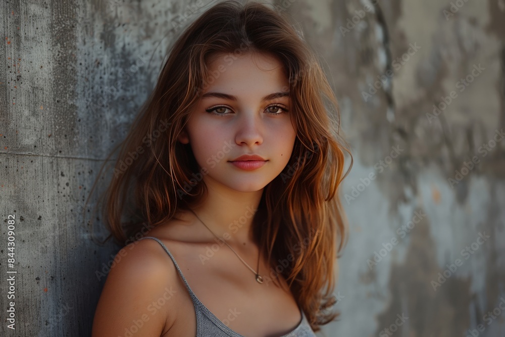 Intimate portrait of a young girl with captivating eyes against a textured wall Intimate portrait of a young girl with captivating eyes against a textured wall