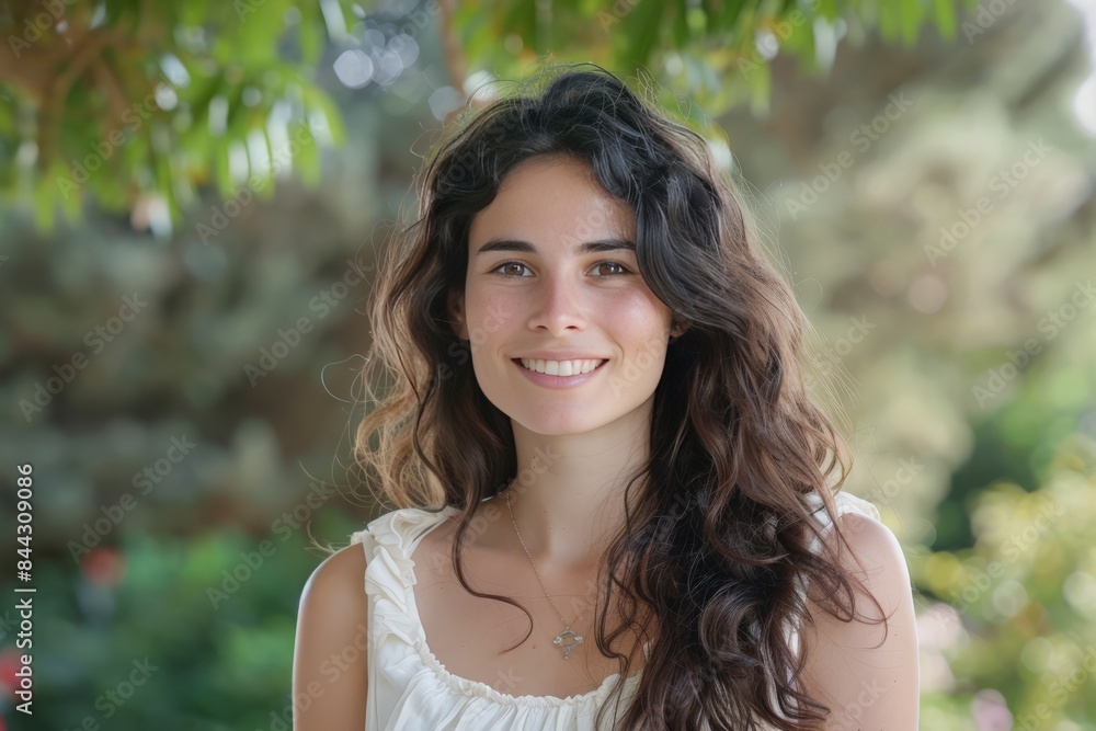 Radiant portrait of a smiling young lady with an approachable aura in a garden Radiant portrait of a smiling young lady with an approachable aura in a garden