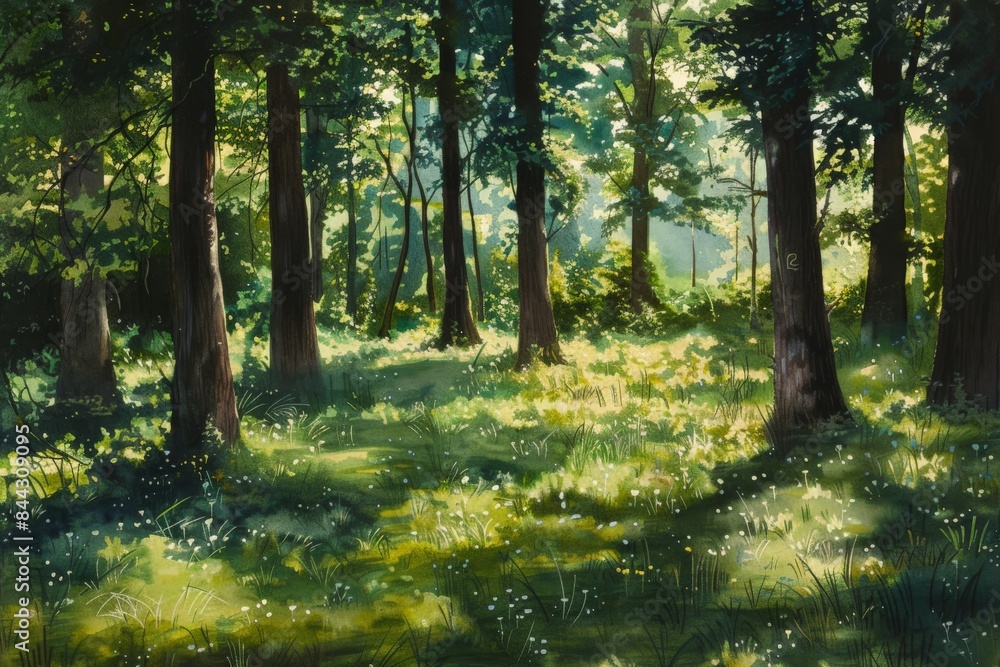 Obraz premium A serene forest glade with dappled sunlight streaming through the trees.