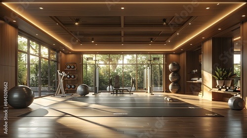 Illuminated Fitness Haven Inviting Modern Gym with Energizing Equipment and Decor © TEERAWAT