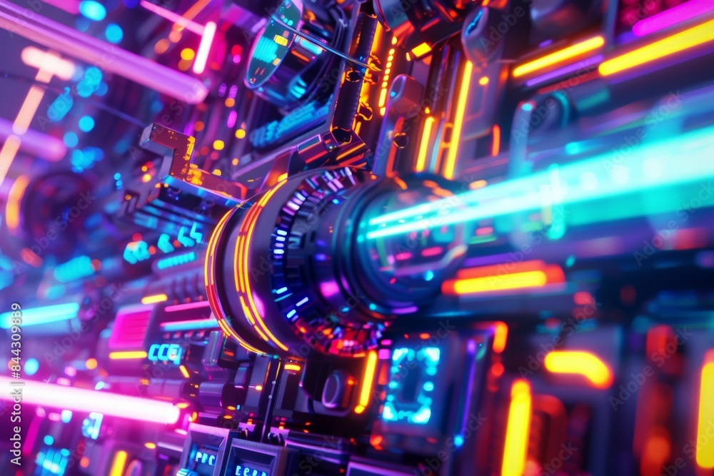 Abstract 3D render of futuristic technology in vibrant neon colors. Abstract 3D render of futuristic technology in vibrant neon colors.