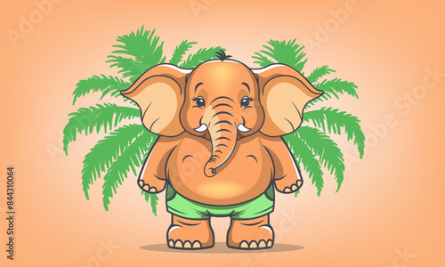 Vector cartoon funny comical cute chubby standing orange elephant in green shorts. Obese African animal. Sticker. Bright zoo and Palm leaves.