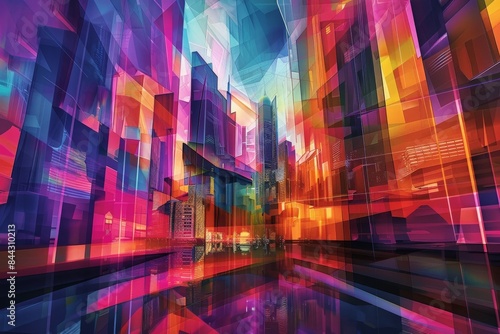 Abstract city skyline with vibrant colors and dynamic shapes.  photo