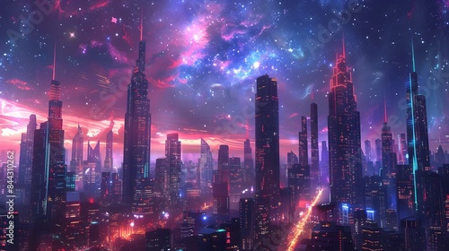 Futuristic Cityscape Illuminated by Vibrant Neon Lights Against a Starry Night Sky