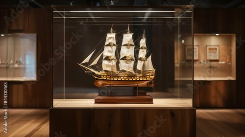 An immaculate model ship in a glass case symbolizes a career's pinnacle, capturing years of dedicated craft.