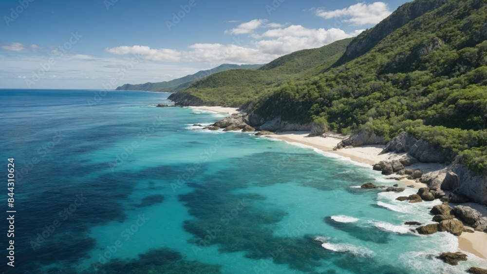 Coastal Serenity: Ocean, Beach, and Mountain Landscape Coastal Serenity: Ocean, Beach, and Mountain Landscape