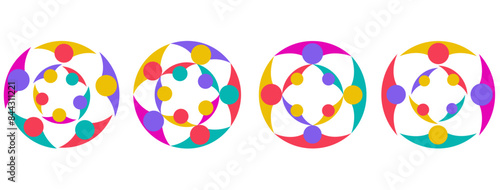 Symbol of unity together and community. Group of people holding hands stands in circle. Abstract round logo design in colorful style