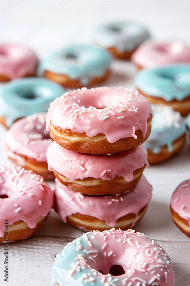 Stack of donuts with pastel pink and blue glazing Stack of donuts with pastel pink and blue glazing