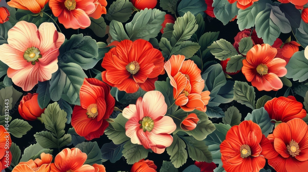 Stunning seamless pattern with many beautiful flowers in bloom. Each flower is carefully crafted with vibrant colors and intricate details. Revealing delicate petals and graceful curves. Stunning seamless pattern with many beautiful flowers in bloom. Each flower is carefully crafted with vibrant colors and intricate details. Revealing delicate petals and graceful curves.