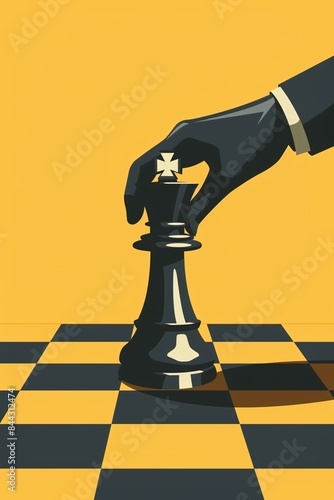 Chess move illustrated in a flat style with a hand, prominently featuring the color #DA4E35; bold and straightforward design