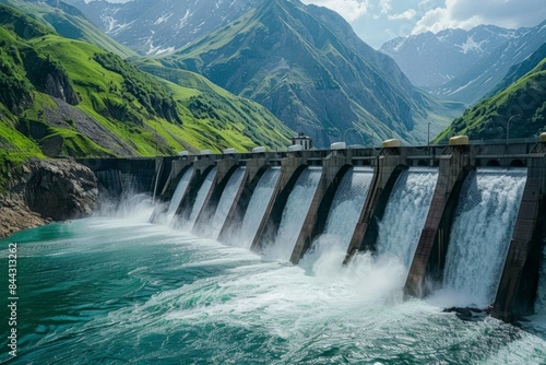 Massive Hydroelectric Dam with Water Flowing Amidst Stunning Mountain Scenery © abd