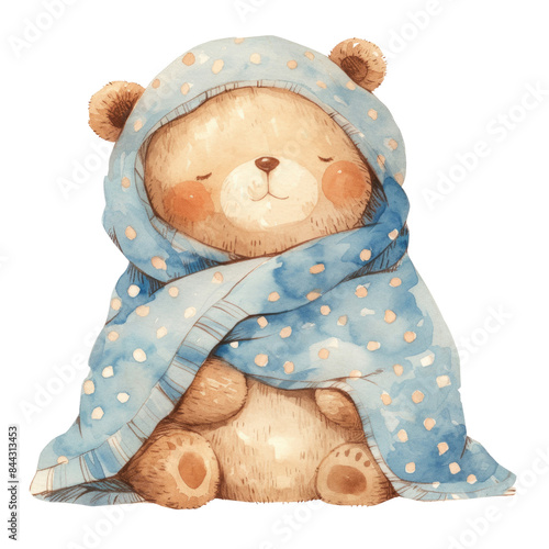 Watercolor of cute  teddy bear cuddled up in a blue blanket is wrapped loosely around