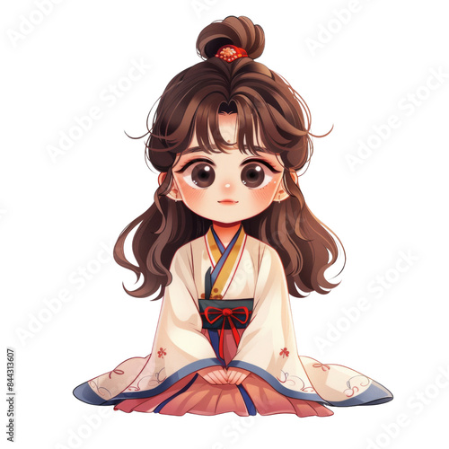Adorable chibi girl sitting in traditional Korean hanbok, showcasing cultural attire with big eyes and detailed illustration.