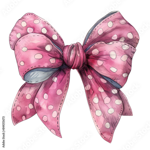 Detailed illustration of a pink polka dot bow with a knot, showcasing a cute and whimsical design.