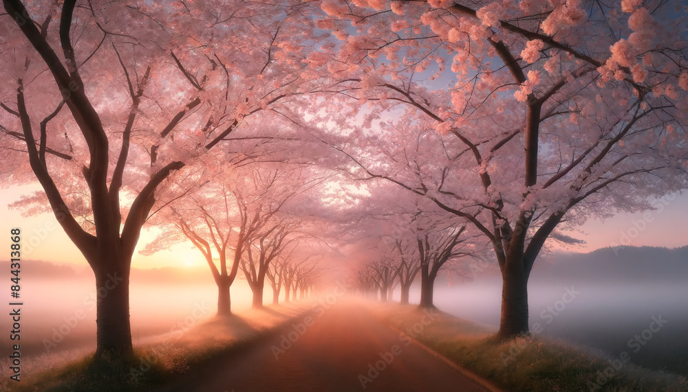 Cherry Blossom Trees Lining a Road at Sunrise Cherry Blossom Trees Lining a Road at Sunrise