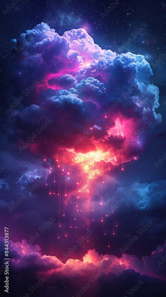 Fototapeta premium A vibrant cloud illuminated by magical, colorful light in a dreamy night sky, featuring a cosmic, ethereal aura with scattered stars.