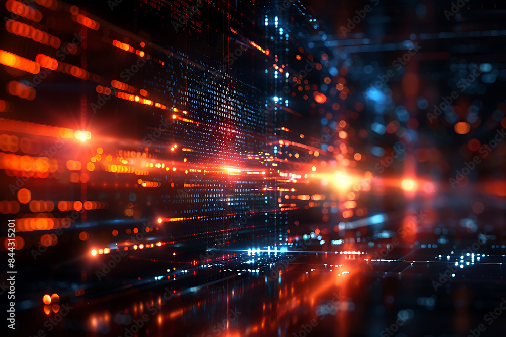 Fototapeta premium Abstract digital data stream with glowing orange and blue lights on a dark background