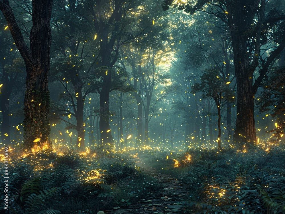 Obraz premium Enchanted Forest Glowing with Magical Fireflies