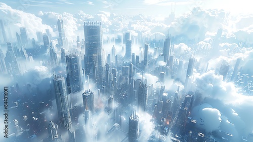 dynamic digital rendering showcasing a birds-eye view of a futuristic cityscape intertwined with cloud-inspired computing elements Utilize CG 3D rendering to depict a seamless integration of t