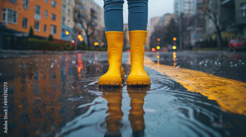 A woman in yellow rain boots is standing in a puddle of water