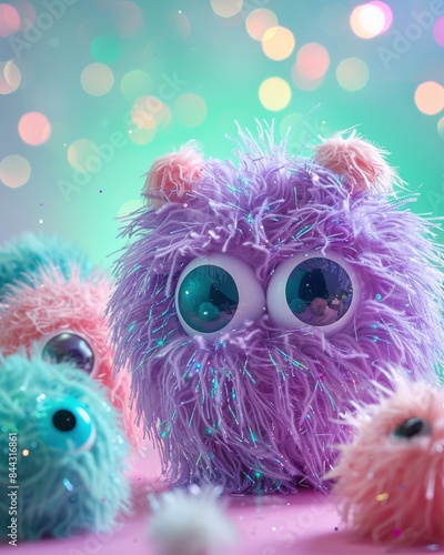 cute fur monsters with huge eyes made of inflatable items on pastel green background in style of 3d. Abstract, fantasy, dreamlike concept.