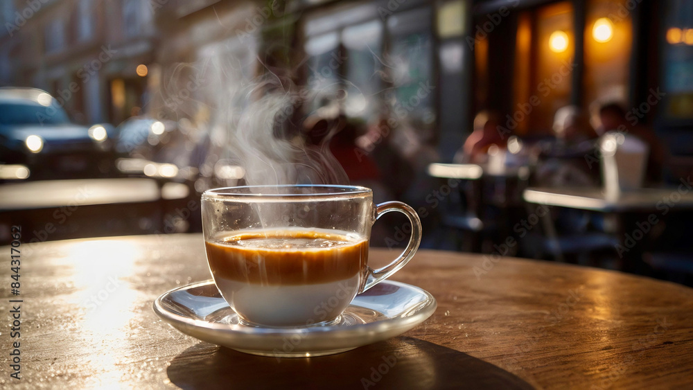 Transparent cup of hot coffee on the table of a street cafe Transparent cup of hot coffee on the table of a street cafe