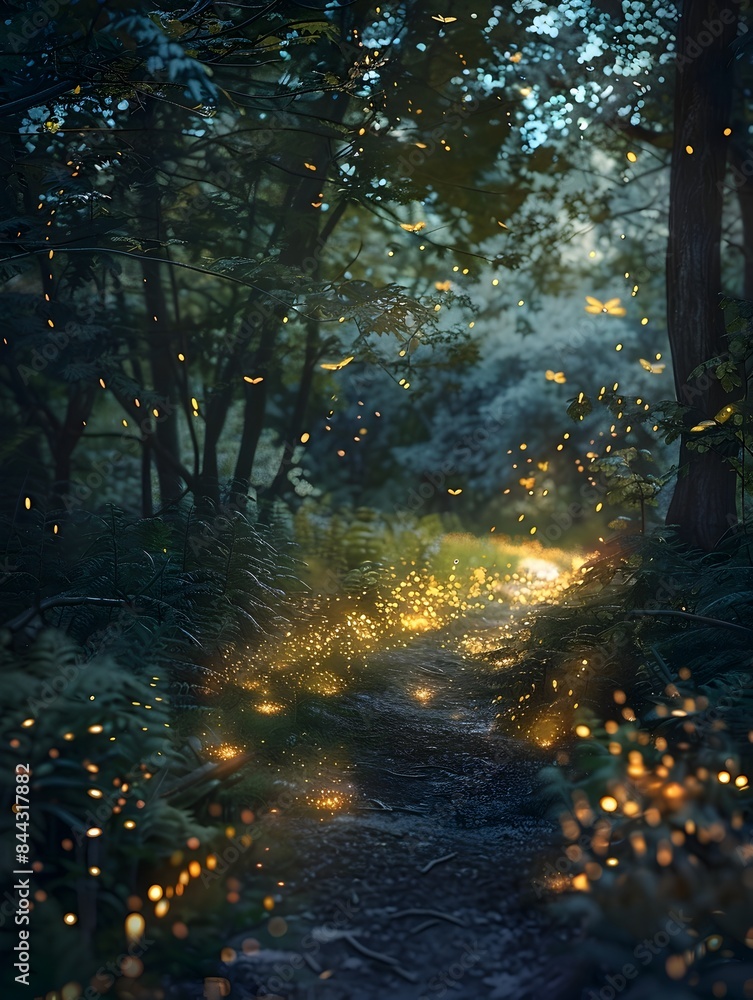 Enchanted Firefly Forest Path at Dusk A Captivating Nighttime Nature Landscape Enchanted Firefly Forest Path at Dusk A Captivating Nighttime Nature Landscape