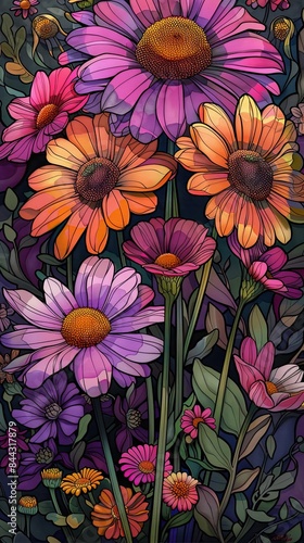 A colorful painting of a field of flowers with a purple