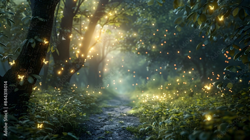 Obraz premium Enchanting Woodland Path with Glowing Lights and Mystical Atmosphere