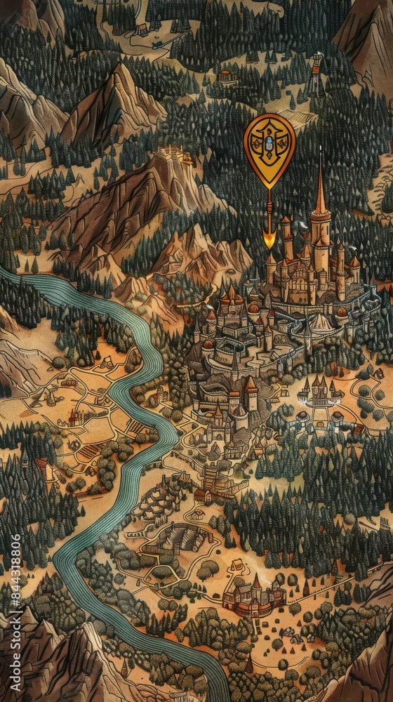 Fototapeta premium Detailed medieval map with a golden marker indicating a castle, rich earth tones, fantasy style, digital art