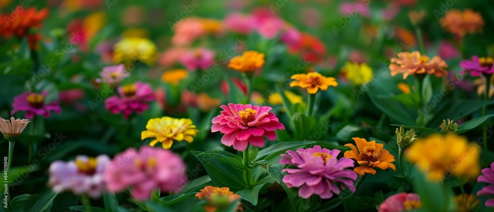 AI generator image of Flower bed, Zinnia flowers In the sun, it is an auspicious plant that is believed to bring peace and happiness to the family. AI generator image of Flower bed, Zinnia flowers In the sun, it is an auspicious plant that is believed to bring peace and happiness to the family.