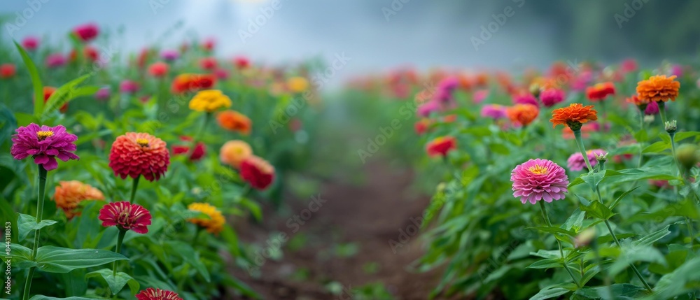 AI generator image of Flower bed, Zinnia flowers In the sun, it is an auspicious plant that is believed to bring peace and happiness to the family. AI generator image of Flower bed, Zinnia flowers In the sun, it is an auspicious plant that is believed to bring peace and happiness to the family.
