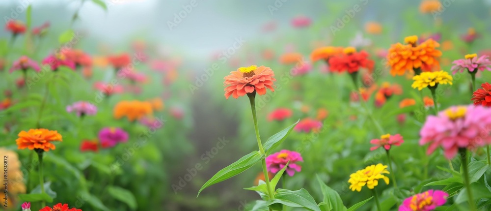 AI generator image of Flower bed, Zinnia flowers In the sun, it is an auspicious plant that is believed to bring peace and happiness to the family. AI generator image of Flower bed, Zinnia flowers In the sun, it is an auspicious plant that is believed to bring peace and happiness to the family.