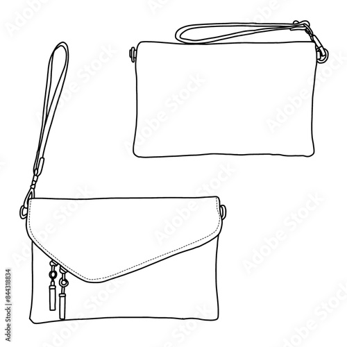 Envelope Clutch Bag  Line art, Suitable for your custom women handbags design, outline vector doodle illustration side and rear view, isolated on white background