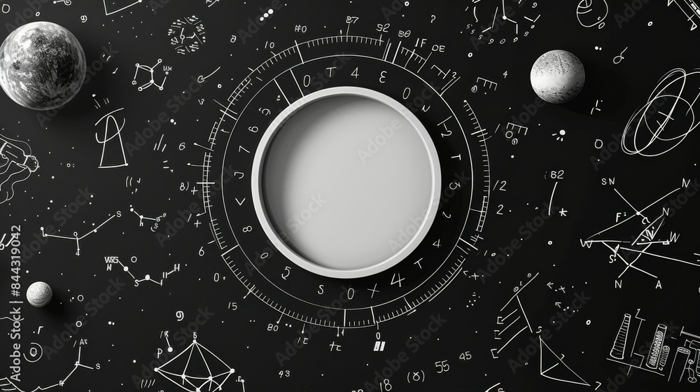 Obraz premium Modern cards designed for teenagers. It has a thick white circle in the center. Around this circle are various letters and mathematical symbols. All designs are black and white.