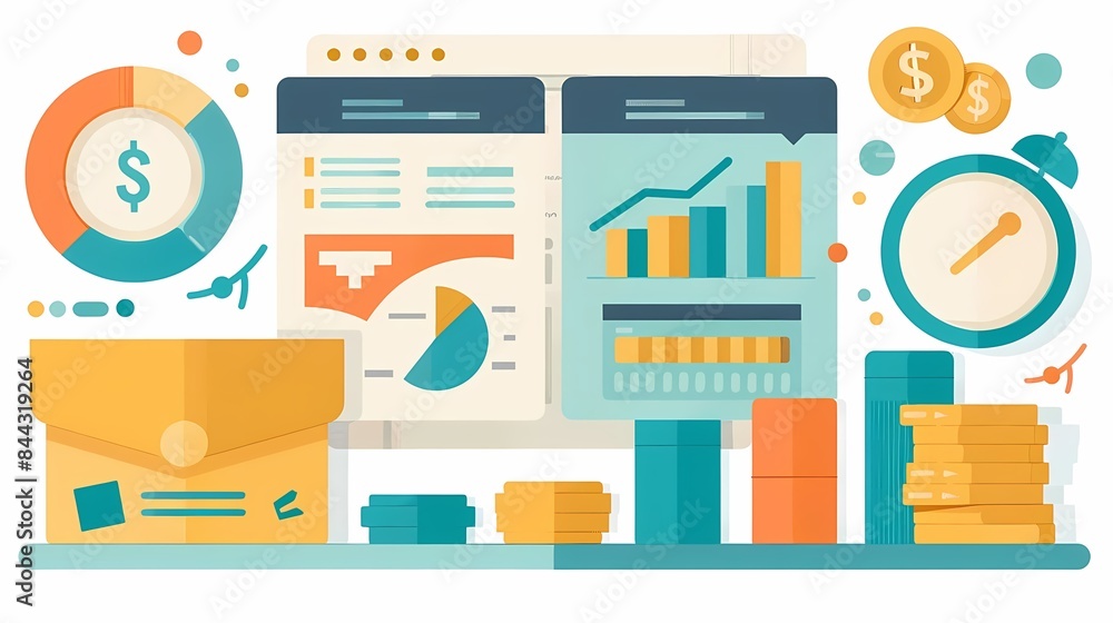 Flat design of financial management with monthly budgeting, cash envelopes, and spending tracking Flat design of financial management with monthly budgeting, cash envelopes, and spending tracking