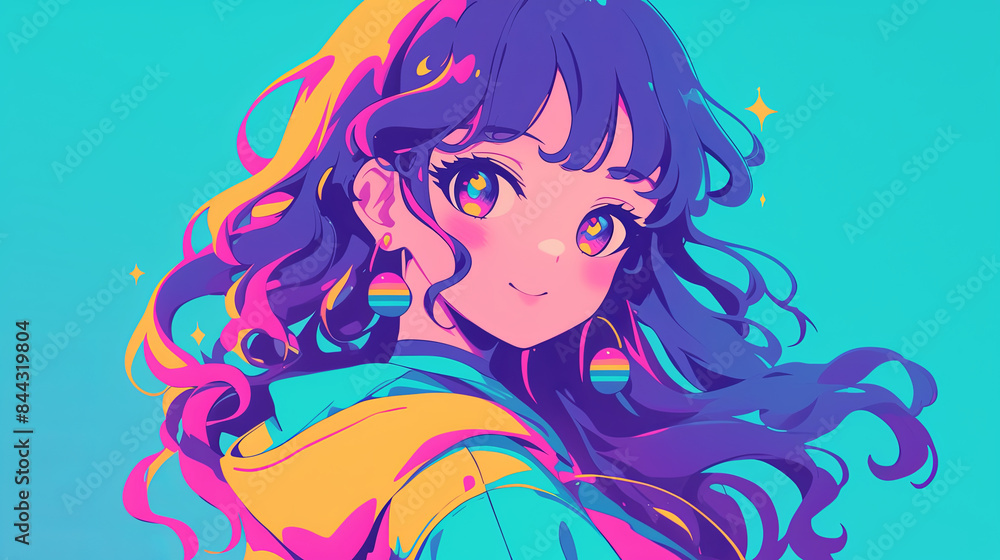 Cute Anime Girl with Long Hair and Colorful Clothes Smiling at Camera, Teal Background with Pastel Tones, Rainbow Earrings, High Resolution Flat Design Style Cute Anime Girl with Long Hair and Colorful Clothes Smiling at Camera, Teal Background with Pastel Tones, Rainbow Earrings, High Resolution Flat Design Style