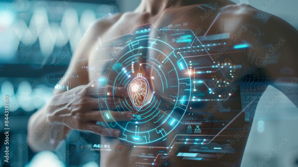 Fototapeta premium Precision in Health Close-Up of Digital Monitoring Device on Patient's Chest for Data Tracking