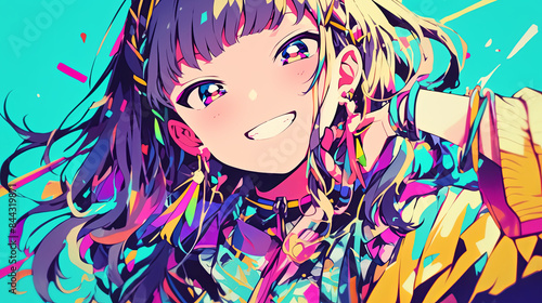 Cute Anime Girl with Long Hair and Colorful Clothes Smiling at Camera, Teal Background with Pastel Tones, Rainbow Earrings, High Resolution Flat Design Style