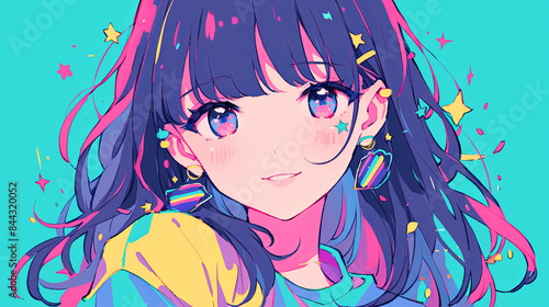 Cute Anime Girl with Long Hair and Colorful Clothes Smiling at Camera, Teal Background with Pastel Tones, Rainbow Earrings, High Resolution Flat Design Style