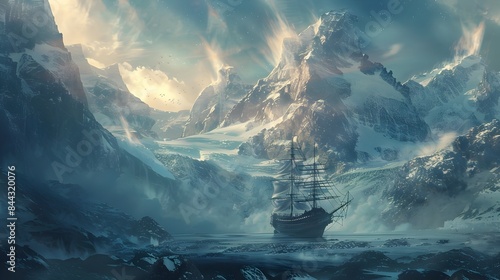 Majestic Tall Ship Navigating Through Treacherous Arctic Fjord Amidst Towering Glacial Peaks and Dramatic Fog photo